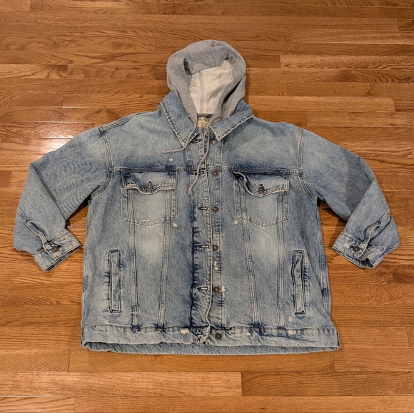 We The Free Distressed Blue Denim Jacket with Gray Hood Large - Picture 1 of 16